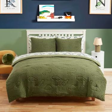 Imagem de Conjunto de edredom infantil casal – Jogo de cama em relevo de dinossauro em uma bolsa para meninos e meninas, conjunto de lençol e edredom, em relevo de dinossauro