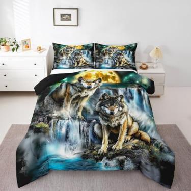 Imagem de Feelyou Conjunto de edredom Queen com lobo e lua de montanha, lobos, uivando, para meninos, meninas, adolescentes, animais e lobos, mulheres e homens, conjunto de edredom com 2 fronhas