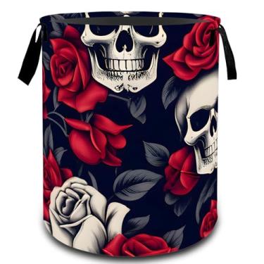 Imagem de VODRM Cesta de roupa suja gótica de caveira e rosa, organizador de brinquedos para crianças e adultos, cesto de armazenamento à prova d'água de tecido Oxford para quarto, banheiro, decoração de