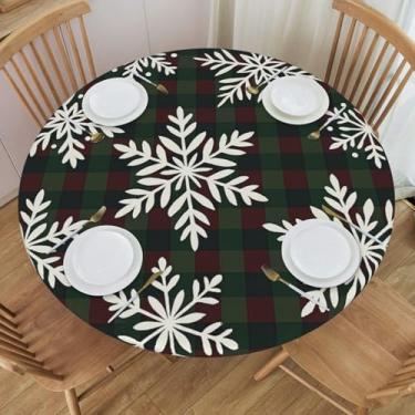 Imagem de KiuLoam Toalha de mesa redonda xadrez verde de Natal com flocos de neve com borda elástica toalha de mesa lavável para decoração de cozinha patrulha ao ar livre, serve para 114 a 127 cm, média