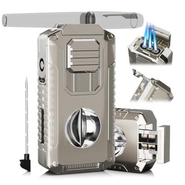 Imagem de Acendedor de maçarico embutido cortador, perfurador, suporte e ferramenta de realçador, com caixa de presente para homens, chama tripla à prova de vento, isqueiro de butano recarregável (sem gás