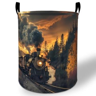 Imagem de Cesto de lavanderia vintage de trem 50 x 40 cm, balde de armazenamento de roupas Oxford dobrável à prova d'água para quarto, banheiro, quarto de bebê, organizador de brinquedos, presentes para