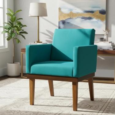 Imagem de Poltrona Decorativa Para Sala Recepção Manicure Consultório Salão de Beleza Base em Madeira Divine Tecido Suede (Azul Turquesa)