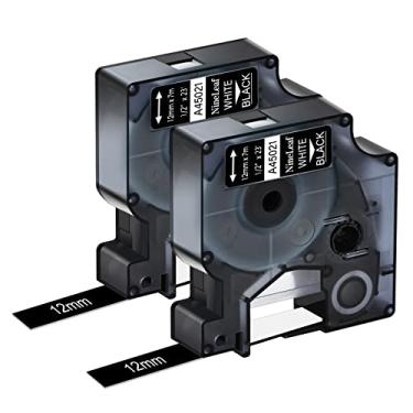Imagem de NineLeaf Pacote com 2 refil de fita branca sobre preto compatível com Dymo D1 45021 S0720610 1/5.1 cm 12 mm x 23' 7m fitas usadas em LabelManager PnP 160 260P 210D 280 360D 420P 450 450D ColorPop