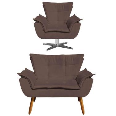 Imagem de Kit Namoradeira 2 Lugares E 1 Poltrona Decorativa Giratória Cromada Opla Suede Marrom - Ibiza