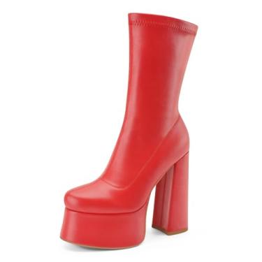 Imagem de Perisis Bota feminina de cano curto com plataforma GoGo, salto alto, redondo, com zíper, de couro, cano médio, para festa rave, Poliuretano vermelho, 35