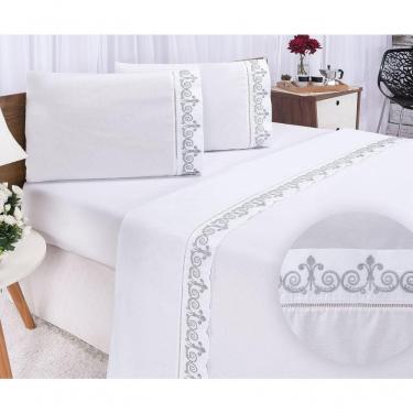 Imagem de Jogo Lençol Atenas Quarto Casal Padrão Bordado 4 Peças 2fronha Cor:branco Com Cinza