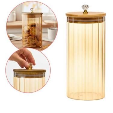 Imagem de Pote Vidro Borossilicato Canelado Ambar 1000ml Com Tampa de Bambu - Am