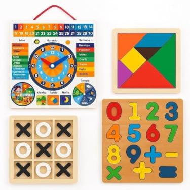 Imagem de Kit Brinquedo Educativo 4 em 1 de Madeira – Tangram, Jogo da Velha, Números e Calendário Didático Infantil