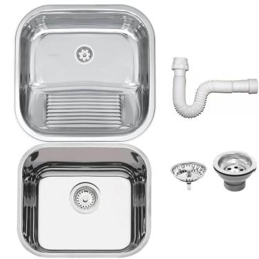 Imagem de Cuba Tramontina Prime em Aço Inox Alto Brilho 40x34 cm com Válvula e Tanque Polido 40x40 e Sifão 940