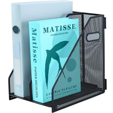 Imagem de TSDRBWO Suporte de arquivo de revista de malha de metal, 2 compartimentos verticais para documentos de mesa com alça, rack de armazenamento de arquivos de escritório para arrumar a mesa, organizador