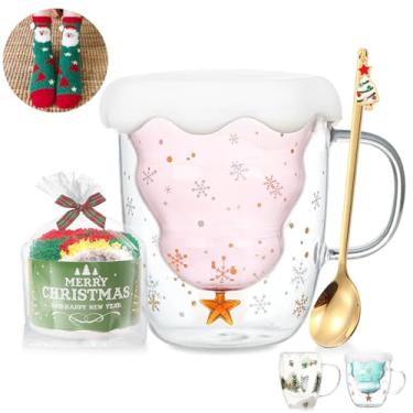 Imagem de Binoster Canecas fofas de café de Natal canecas de vidro de parede dupla xícara de café expresso com leite e chá, decoração de árvore de Natal, presentes engraçados para mulheres, homens, crianças,