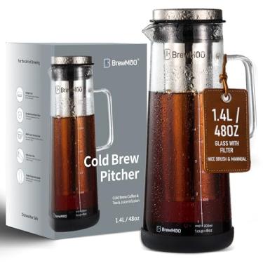 Imagem de BrewMOO Cafeteira Cold Brew e máquina de chá gelado (1,4 L/1,360 g) – Jarra de vidro borossilicato ondulada elegante, filtro de aço inoxidável, embalagem acolchoada com espuma, manual + receitas
