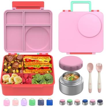 Imagem de joyYum Bento Box para crianças, lancheira para adultos com utensílios, pote de sopa térmica de aço inoxidável, recipientes reutilizáveis para lanche para escola, trabalho, viagens, sem BPA, fácil de