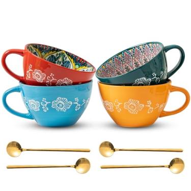 Imagem de Noevany Conjunto de 4 canecas de café Boho com colher de café, xícaras grandes de cerâmica 450 ml, xícaras de porcelana para latte, chá, cappuccino, cacau, sopa, lava-louças e micro-ondas, conjunto de