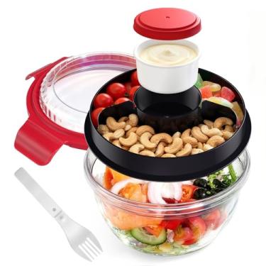 Imagem de WHALEHOUSE Recipiente de salada ECOZEN PCTG ecológico transparente, tigela de salada de plástico durável de 945 ml com tampa e bandeja de lanches, recipiente de molho à prova de vazamento, garfo