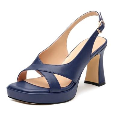 Imagem de GOFOURTHAT Salto plataforma para mulheres, salto grosso, 8,2 cm, bico aberto, com tira no tornozelo, vestido de festa de casamento, sapatos confortáveis, Azul-marinho fosco, 39