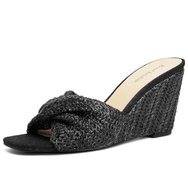 Imagem de ReneChristine Pantufas femininas de tecido com salto sem cadarço, confortável, para noite, sapatos de bico quadrado, salto de 8,4 cm, Preto, 41