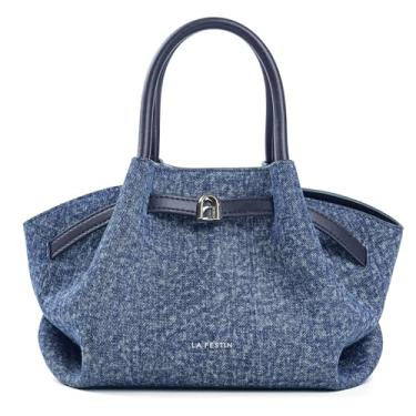 Imagem de LA FESTIN Mini bolsa de couro genuíno para mulheres com alças ajustáveis, bolsa de ombro moderna pequena designer, Jeans azul, Small