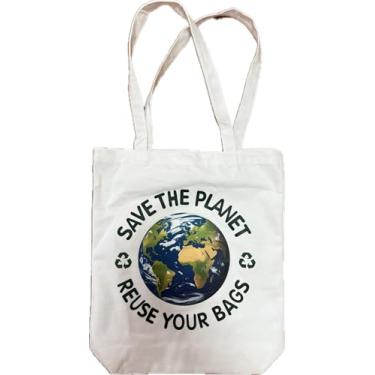 Imagem de Sacola reutilizável Save the Planet, lona de algodão branca com design terrestre, mensagem de reciclagem ecológica