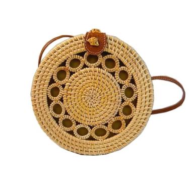 Imagem de Laeuokie Bolsa feminina de palha redonda: Rattan tecido à mão, cesta transversal de vime. Tecido para praia, férias, uso diário., Fivela de couro de renda 02, 7.1" (L) * 3.1" (W) * 7.1" (H)