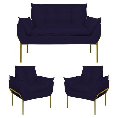 Imagem de Kit 02 Poltronas + Namoradeira Reforçada Opala Metal Dourado Azul Marinho