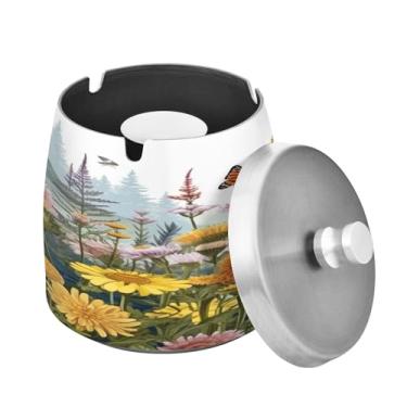 Imagem de Blueangle Cinzeiro de borboleta Wildflowers com tampa para cigarros, à prova de vento/à prova de chuva, aço inoxidável, sem fumaça, inodoro, cinzeiro para uso interno ou externo (434)