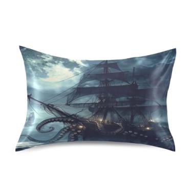 Imagem de Blueangle Fronha de cetim navio pirata para cabelo e pele, fronha de seda, tamanho padrão (50,8 x 66 cm) - Capas de almofada de cetim com fecho de envelope (559)
