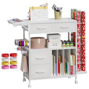 Imagem de Carrinho de armazenamento de papel de embrulho com mesa dobrável, organizador de embrulho de presente de 3 camadas com gavetas, comporta 8 rolos, 8 bandas, estação de armazenamento de artesanato com
