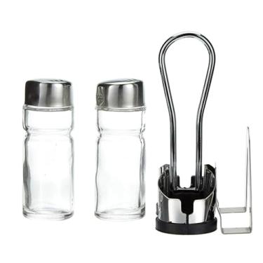 Imagem de Conjunto Galheteiro de Vidro com Saleiro e Pimenteiro em Aço Inox com Porta Guardanapo, 2 Peças