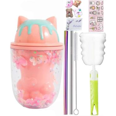 Imagem de windyswag Copos de viagem de orelha de biscoito com canudos, sorriso, donut, gelo, bebidas, garrafa de água, caneca de café infantil, copo de plástico reutilizável, presente de aniversário (pata de