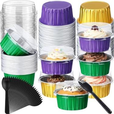 Imagem de Blushtier 60 formas de pão de 142 g com tampas e colheres de formas redondas de alumínio para assar mini formas de bolo descartáveis com tampas para casamentos, aniversários, piqueniques e festas