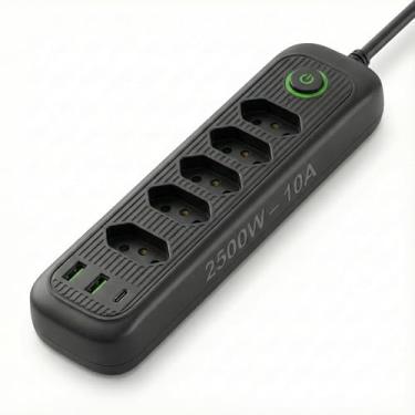 Imagem de Régua de energia com 5 tomadas + USB + Tipo-C • Cabo 2m • Filtro de Linha • Bivolt automático • Ideal para home office, TV e PC (Preta)