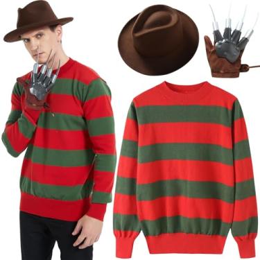 Imagem de eforpretty Suéter masculino de malha para fantasia de Halloween com chapéu marrom e conjunto de luvas de couro, Vermelho, GG