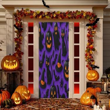 Imagem de Wassud Capa de porta com tema assustador de Halloween para decoração externa e interna para varanda decoração de casa grande porta da frente 96 x 98 polegadas