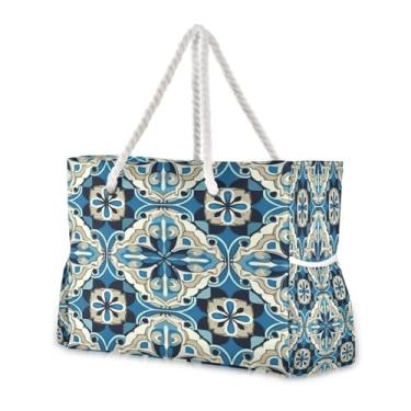 Imagem de Wassud Bolsa de praia grande para mulheres, azulejo ornamentado azul (2) bolsa de viagem à prova d'água à prova de areia com zíper e bolso bolsa de acampamento para piscina academia