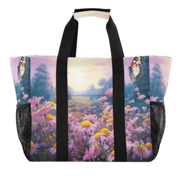Imagem de Wassud Butterflies in Flower Field Sacolas de mercearia reutilizáveis grande bolsa organizadora de lona impermeável para praia, piquenique, lavanderia, viagem