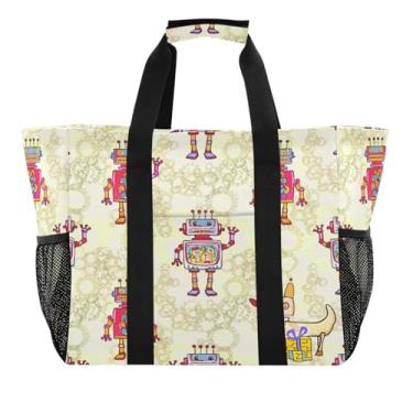 Imagem de Wassud Sacos de supermercado reutilizáveis de robôs coloridos grande bolsa organizadora de lona impermeável para praia, piquenique, lavanderia, viagem