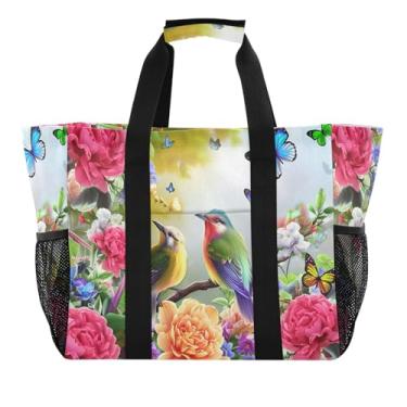Imagem de Wassud Bolsa organizadora de lona impermeável Two Birds Spring reutilizável para praia, piquenique, lavanderia, viagem