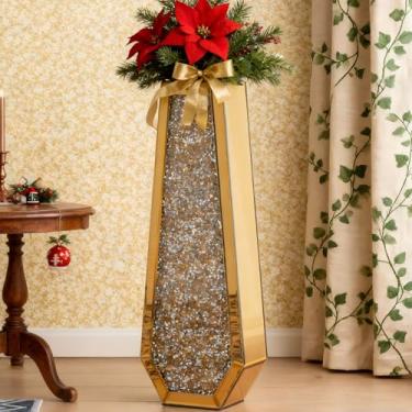 Imagem de SHYFOY Vaso de chão de ouro de 61 cm, vasos altos de diamante triturado em ouro para chão, vaso de vidro de cristal dourado de luxo para vaso de flores decorativo espelhado de grama dos pampas para