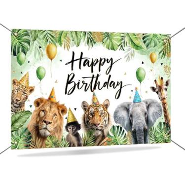 Imagem de Mocsicka Banner de aniversário de animais da floresta da selva safári floresta tropical decorações de aniversário tema selva zoológico selvagem faixa de fundo 179,8 x 110 cm