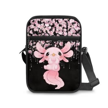 Imagem de CLOHOMIN Bolsa mensageiro para mulheres pequena bolsa tiracolo masculina bolsa tiracolo para chave óculos organizadores de cartões de crédito presentes de férias, Axolotl Cherry Blossom