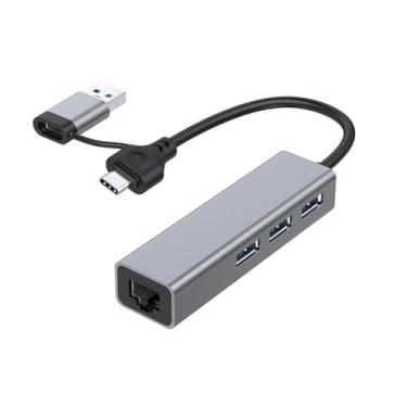 Imagem de Adaptador Ethernet de hub USB 3.0 de 3 portas, conversor de rede com fio de entrada dupla tipo C + USB, gabinete de liga de alumínio para laptop, notebook, teclado e roteador