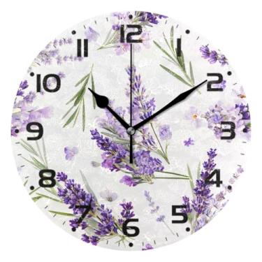 Imagem de JUZIHAI Relógio de parede com flores de lavanda silencioso, sem tique-taque, redondo, operado por bateria, fácil de ler, relógio decorativo de parede para casa, cozinha, sala de estar, quarto