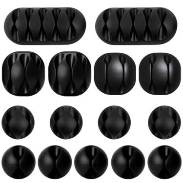 Imagem de Organizadores de cabos adesivos pretos – Clipes de cabo para mesa, parede e carro com suporte aderente forte para USB, carregador e fios de computador (pacote com 16)