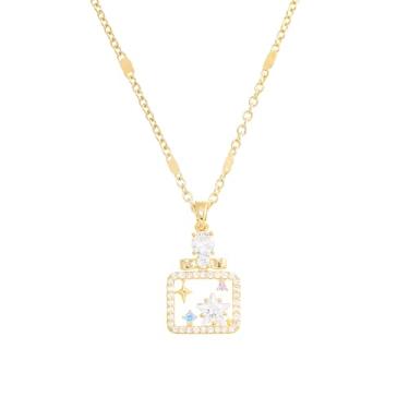 Imagem de Colar feminino com pingente de perfume de zircônia cúbica arco-íris ouro 14 K, joia elegante com corrente ajustável de 40 a 45 cm, presente exclusivo para o Natal, batismo, casamento, aniversário