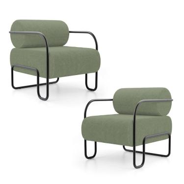 Imagem de Kit 02 Poltronas Decorativas Orgânica Living Miska Bouclê Verde Oliva - Desk Design