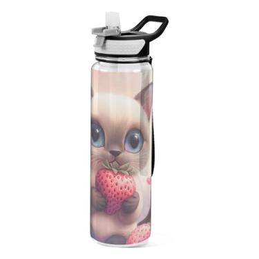 Imagem de ODAWA Garrafa esportiva Cute Cat Strawberry Tritan com canudo e alça de 940 ml, garrafa de água reutilizável transparente