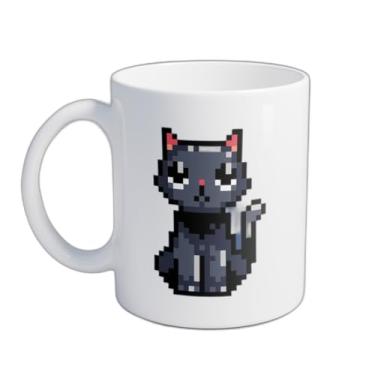 Imagem de Caneca Xícara de Café Porcelana 300ml Gato Preto Pixel Art