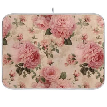 Imagem de Tapete de secagem de pratos rosa com pétalas de rosa, 45,7 cm x 61 cm, escorredor de pratos, almofada de secagem rápida, tapete de balcão de cozinha